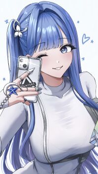 1girl arcana_(nikke) blue_hair blush bra_visible_through_clothes breast_zipper breasts dress full-length_zipper goddess_of_victory:_nikke highres large_breasts long_hair long_sleeves looking_at_viewer one_eye_closed see-through_clothes selfie shupita side_ponytail simple_background smile solo tight_clothes turtleneck turtleneck_dress white_background white_nails zipper zipper_dress