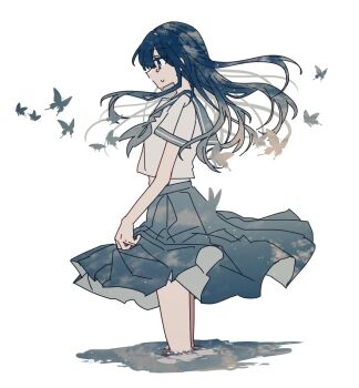 1girl black_eyes black_hair bug butterfly commentary crying crying_with_eyes_open danjou_sora floating_hair from_side grey_neckerchief grey_sailor_collar grey_skirt highres insect long_hair neckerchief original pleated_skirt sailor_collar sailor_shirt school_uniform serafuku shirt short_sleeves skirt skirt_hold solo symbol-only_commentary tears wading white_background white_shirt