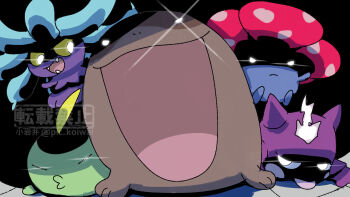 clodsire commentary_request evil_smile fangs frown gen_1_pokemon gen_3_pokemon gen_7_pokemon gen_8_pokemon glowing glowing_eyes gulpin mareanie nintendo no_humans open_mouth pic_koiwai pokemon pokemon_(creature) smile toxel twitter_username vileplume watermark