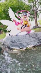1girl angel angel_girl angewomon angewomon_(cosplay) animated armor breastplate breasts cosplay day digimon digimon_(creature) forest full_body head_wings helmet highres leotard long_hair looking_up luna_kamijo lying mask nature on_side photo_(medium) real_life smile sound tagme tree video water white_leotard wings
