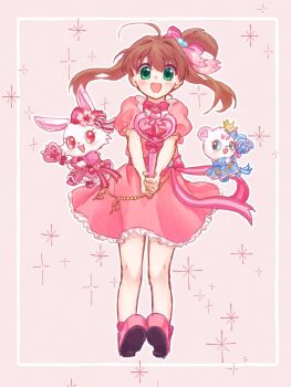 Rule 34 | 1girl, :d, ahoge, bear, blush, bow, brown hair, chibikemo, creature, dress, flower, frilled dress, frills, green eyes, hair bow, hair ribbon, highres, holding, holding wand, jewelpet (series), jewelpet twinkle, labra (jewelpet), long hair, magical girl, open mouth, rabbit, red eyes, ri p sheep 15, ribbon, ruby (jewelpet), sakura akari, side ponytail, skirt, smile, wand, white rabbit (animal)