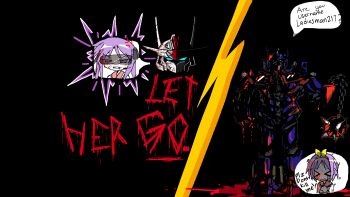 2girls anger_vein begging black_ribbon blood blood_from_mouth blood_on_clothes blood_on_face blood_splatter bloody_weapon chain clenched_teeth crying death english_text gundam guro hair_ribbon highres hiiragi_kagami hiiragi_tsukasa implied_death long_sleeves lucky_star mace microphone multiple_girls non-web_source open_mouth optimus_prime optompus purple_hair ribbon robot school_uniform short_hair simple_background speech_bubble spiked teeth transformers twintails weapon yellow_ribbon