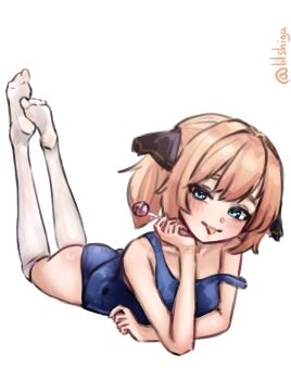 Rule 34 | 1girl, absurdres, blue eyes, blue one-piece swimsuit, brown hair, candy, commentary request, dated, food, hachijou (kancolle), hair ribbon, highres, kantai collection, lilshigu, lollipop, lying, old school swimsuit, on stomach, one-hour drawing challenge, one-piece swimsuit, ribbon, school swimsuit, short hair, simple background, solo, strap slip, swimsuit, thighhighs, tongue, tongue out, two side up, white background, white thighhighs