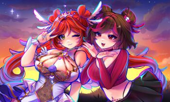 2girls ;3 absurdres black_hair black_skirt breasts choker cleavage cloud commentary commission covered_navel elle_(vtuber) english_commentary fang feather_hair_ornament feathers green_eyes hair_ornament heart heart_in_eye highres indie_virtual_youtuber long_hair long_sleeves mirthax multicolored_hair multiple_girls navel_piercing one_eye_closed open_mouth piercing red_choker red_hair red_shirt ribbed_shirt shirt skirt stomach_tattoo streaked_hair symbol_in_eye tattoo tiara v vgen_commission virtual_youtuber