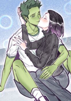 1boy 1girl absurdres alternate_costume beast_boy_(dc) black_shirt blue_background blush chinese_commentary closed_eyes closed_mouth collarbone colored_skin couple dc_comics forehead_jewel from_side gem green_eyes green_hair green_skin hand_on_another's_head hetero highres hug imminent_kiss kiss leaning_on_person long_sleeves looking_down mixed-language_commentary pants purple_hair raven_(dc) red_gemstone shirt short_hair short_sleeves sitting teen_titans upper_body white_shirt xingchen96926