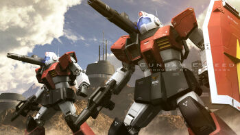 3d beam_rifle building cloud commentary_request earth_federation_space_forces energy_gun english_text gm_cannon gundam gundam_msv highres machinery mecha mecha_focus mobile_suit no_humans radio_antenna realistic robot s.hasegawa science_fiction shield signature weapon