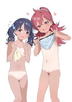 2girls :d black_hair breasts completely_nude djheycha female_pubic_hair flat_chest fukumaru_koito highres holding holding_panties holding_underwear holding_unworn_clothes idolmaster idolmaster_shiny_colors komiya_kaho loli long_hair multiple_girls navel nipples nude one-piece_tan open_mouth panties pubic_hair red_eyes red_hair short_hair simple_background small_breasts smile standing tan tanline underwear v white_background