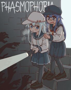 2girls akatsuki_(kancolle) akatsuki_kai_ni_(kancolle) anchor_symbol black_footwear black_headwear black_pantyhose black_sailor_collar black_skirt black_thighhighs blue_eyes blush bocchi-ya-nawi closed_mouth flashlight flat_cap hair_between_eyes hammer_and_sickle hat hibiki_(kancolle) highres holding holding_flashlight kantai_collection loafers long_hair multiple_girls neckerchief open_mouth pantyhose phasmophobia pleated_skirt purple_eyes purple_hair red_neckerchief sailor_collar sailor_shirt school_uniform serafuku shirt shoes skirt tears thighhighs verniy_(kancolle) white_hair white_headwear white_shirt