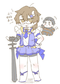 Rule 34 | 2boys, absurdres, ahoge, amputee, back bow, belt, bike shorts, bike shorts under skirt, black gloves, black hair, black shorts, blue bow, blue gem, blue necktie, blue skirt, blue trim, blush, blush stickers, bodysuit, boots, bow, breath, brooch, brown eyes, brown hair, chibi, chibi inset, closed mouth, crossdressing, crossdressing (mtf), facial hair, frilled shirt, frilled sleeves, frills, full body, gem, gloves, gregor (project moon), hair between eyes, hair ornament, hair slicked back, hairclip, hand on hilt, hand on own hip, heart, heart brooch, highres, holding, holding sword, holding weapon, jewelry, jitome, joints, lily26983455, limbus company, long hair, looking at another, looking at viewer, magical boy, male focus, mechanical arms, meursault (project moon), multiple boys, necktie, parted lips, planted, planted sword, planted weapon, pleated skirt, ponytail, project moon, prosthesis, prosthetic arm, puff of air, puffy short sleeves, puffy sleeves, r corp. (identity) (project moon), shadow, shirt, short shorts, short sleeves, shorts, shorts under skirt, simple background, single glove, single mechanical arm, skirt, smile, solo focus, standing, stubble, sweatdrop, sword, weapon, white background, white boots, white gloves, white shirt, wing hair ornament, wings, yellow frills