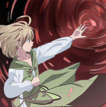 1boy alternate_costume androgynous blue_eyes brown_hair chaos_(xenosaga) commentary_request floating_hair highres male_focus mon_7291 outstretched_arm red_background red_petals solo spoilers wide-eyed xenosaga xenosaga_episode_iii