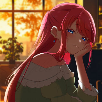 1girl absurdres bare_shoulders blue_eyes blush closed_mouth dress earrings frills green_dress hair_ribbon hand_on_own_cheek hand_on_own_face head_rest highres indoors jewelry long_hair long_sleeves looking_at_viewer off-shoulder_dress off_shoulder pink_hair rain_re_a re:zero_kara_hajimeru_isekai_seikatsu ribbon sidelocks smile solo sunset theresia_van_astrea upper_body window