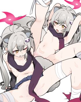 1girl absurdres animal_ears bandaged_leg bandages blue_archive blue_skirt breasts extra_ears grey_hair halo highres kneepits legs_up long_hair michiru_(blue_archive) miniskirt multiple_views navel no_panties one_eye_closed open_mouth pearlgang_e pink_halo purple_scarf raccoon_ears raccoon_girl raccoon_tail scarf simple_background skirt small_breasts spread_legs tail thick_eyebrows twintails uneven_eyes yellow_eyes