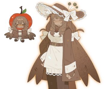 &gt;_&lt; 1girl apple belt blush bow brown_belt brown_hat brown_pantyhose brown_scarf closed_eyes closed_mouth commentary dark-skinned_female dark_skin english_commentary fish_193 food frozen_soul fruit hair_bow hat hat_bow highres lace-trimmed_headwear lace_trim long_hair low_twintails multiple_views nashatra_bealdhild pantyhose roblox scarf simple_background smile sweater twintails very_long_hair white_background white_bow white_sweater