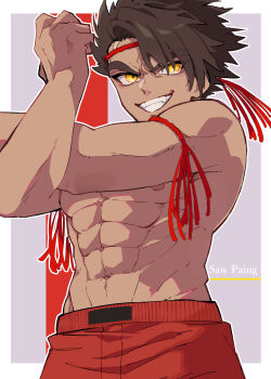 Rule 34 | 1boy, abs, absurdres, border, character name, commentary request, flexing, grin, headband, highres, kengan (series), kengan ashura, looking at viewer, male focus, muscular, muscular male, nekoma hikaru, nipples, pants, red headband, red pants, saw paing yoroizuka, short hair, smile, solo, topless male, v-shaped eyebrows, white border, yellow eyes