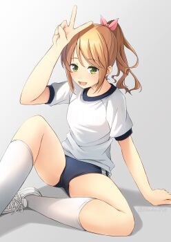 1girl blue_buruma breasts brown_hair buruma commentary_request green_eyes gym_shirt gym_uniform highres looking_at_viewer open_mouth original ponytail puffy_short_sleeves puffy_sleeves shibacha shirt shoes short_sleeves sitting small_breasts smile socks solo v white_shoes white_socks