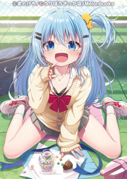 1girl :d bag black_bra blue_eyes blue_hair blue_sky blurry blurry_background blush bow bow_bra bra brown_cardigan cardigan chain-link_fence cloud cloudy_sky collared_shirt crescent crescent_hair_ornament day depth_of_field dress_shirt fence grey_skirt hair_between_eyes hair_ornament hairclip hand_up loli long_hair long_sleeves looking_at_viewer matokechi melonbooks official_art on_roof one_side_up open_mouth original outdoors pleated_skirt puffy_long_sleeves puffy_sleeves ribbed_socks rooftop school_bag school_uniform shirt shoes sitting skirt sky sleeves_past_wrists smile socks solo star_(symbol) star_hair_ornament underwear very_long_hair wariza white_shirt white_shoes white_socks