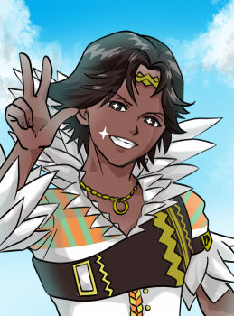 1boy absurdres circlet dark-skinned_male dark_skin feather_collar feather_trim fire_emblem fire_emblem_engage fogado_(fire_emblem) gold_circlet gold_necklace highres jewelry looking_at_viewer male_focus momojikutteyaru necklace nintendo prince short_hair smile solo star-shaped_pupils star_(symbol) symbol-shaped_pupils w