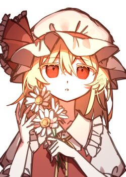 Rule 34 | 1girl, blonde hair, collared shirt, commentary request, flandre scarlet, flower, frilled shirt collar, frills, hair between eyes, hat, highres, holding, holding flower, illust atelier3, looking at viewer, missing wings, mob cap, neck ribbon, one-hour drawing challenge, puffy short sleeves, puffy sleeves, red eyes, red vest, ribbon, shirt, short sleeves, signature, simple background, solo, touhou, upper body, vest, white background, white hat, white shirt, yellow ribbon