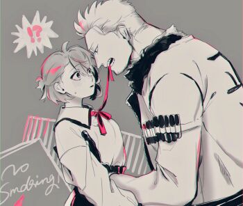 !? 1boy 1girl asymmetrical_bangs blush cigar collared_shirt commentary_request couple eye_contact from_side fur-trimmed_jacket fur_trim gloves grey_background hair_between_eyes hand_on_another&#039;s_waist hetero highres jacket kabane_(rjev8385) long_sleeves looking_at_another mouth_hold neck_ribbon oc_x_canon one_piece open_mouth original ponytail profile red_ribbon ribbon ribbon_in_mouth shirt short_hair short_ponytail skirt small_sweatdrop smoker_(one_piece) spot_color standing teeth untying upper_body zipper