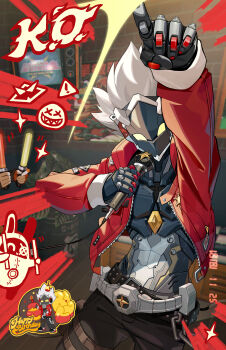 1boy absurdres amillion_(zenless_zone_zero) bangboo_(zenless_zone_zero) belt billy_kid black_pants chain chibi chibi_inset chinese_commentary clenched_hand commentary dated glowstick happy_birthday highres holding holding_glowstick holding_microphone indoors jacket male_focus microphone multiple_views official_art open_clothes open_jacket pants plant red_jacket robot robot_boy sparkle white_hair zenless_zone_zero