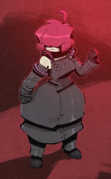 1girl aged_up ahoge bigdad black_boots boots breasts clenched_hand closed_mouth commentary cosplay covered_eyes english_commentary full_body gazlene_membrane gloves hair_over_eyes hand_up invader_zim long_sleeves nemesis_(resident_evil) nemesis_(resident_evil)_(cosplay) pink_hair resident_evil resident_evil_3:_nemesis shadow short_hair simple_background single_bare_shoulder solo standing wide_hips