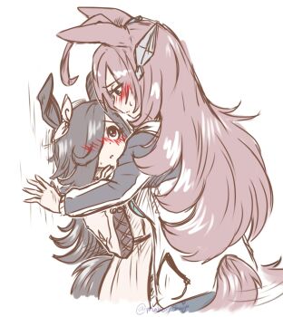2girls animal_ears black_hair blush brown_hair commentary english_commentary eye_contact hair_over_one_eye highres horse_ears horse_girl horse_tail jacket long_hair long_sleeves looking_at_another mahoxyshoujo mihono_bourbon_(umamusume) multiple_girls nose_blush one_eye_covered parted_lips rice_shower_(umamusume) simple_background tail track_jacket umamusume white_background yuri