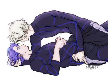 2boys blue_lock bodysuit boy_on_top hand_on_another's_hip hands_in_another's_hair highres mikage_reo multiple_boys muscular muscular_male nagi_seishirou open_mouth purple_hair short_hair shorts tang180513 white_background white_hair wide-eyed yaoi