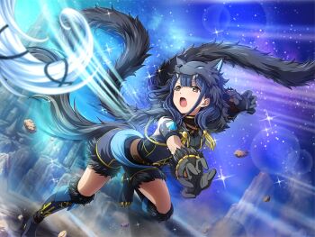 Rule 34 | 1girl, animal costume, black corset, black gloves, black shorts, blue hair, brown eyes, corset, fake tail, fur trim, game cg, gloves, hanayagi kaoruko, medium hair, motion lines, official art, open mouth, pebble, shorts, shoujo kageki revue starlight, shoujo kageki revue starlight -re live-, solo, standing, standing on one leg, tail, v-shaped eyebrows, wolf costume, wolf hood, wolf tail