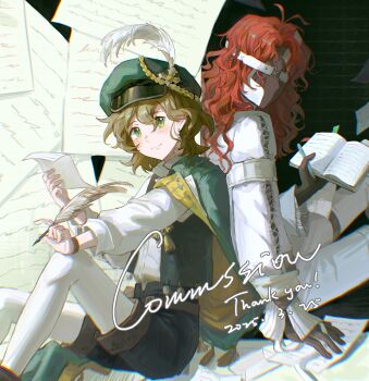 Rule 34 | 1boy, 1girl, ?, absurdres, aleph (reverse:1999), black gloves, black mask, black shorts, black vest, book, bookmark, boots, brown boots, brown hair, newsboy cap, cape, chibi, closed eyes, commission, covered face, dated, dongfang shuyechu, envelope, gloves, green cape, green hat, hand on own chin, hand on own hip, hand up, hat, hat feather, highres, index finger raised, jacket, light bulb, long hair, mini person, miniboy, minigirl, open book, pants, pantyhose, paper, pen, recoleta (reverse:1999), red hair, reverse:1999, shirt, short hair, short shorts, shorts, side cape, speech bubble, spoken light bulb, spoken question mark, stroking own chin, thank you, thinking, vest, wax seal, white jacket, white pants, white pantyhose, white shirt