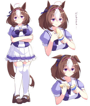 Rule 34 | 1girl, absurdres, ahoge, animal ears, blush, bow, bowtie, breasts, brown hair, bush, closed mouth, collarbone, commentary request, crossed arms, double-parted bangs, ear ribbon, failure, hair between eyes, hairband, highres, holding, holding ice cream cone, horse ears, horse girl, horse tail, ice cream cone, kanzakietc, large breasts, meisho doto (turbulent blue) (umamusume), meisho doto (umamusume), multicolored hair, multiple views, pigeon-toed, pink hairband, pleated skirt, puffy short sleeves, puffy sleeves, purple bow, purple bowtie, purple eyes, purple shirt, sailor collar, sailor shirt, school uniform, shirt, shoes, short hair, short sleeves, simple background, skirt, smile, tail, thighhighs, tracen school uniform, translation request, two-tone hair, umamusume, white background, white hair, white thighhighs