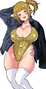 1girl absurdres aiuti black_jacket blue_eyes border breasts brown_hair casual_one-piece_swimsuit cleavage commentary_request feet_out_of_frame gold_one-piece_swimsuit gundam gundam_build_fighters gundam_build_fighters_try hand_on_own_hip highleg highleg_one-piece_swimsuit highres hoshino_fumina jacket large_breasts looking_at_viewer one-piece_swimsuit open_clothes open_jacket outside_border ponytail simple_background snake_print solo swimsuit thighhighs white_background white_thighhighs