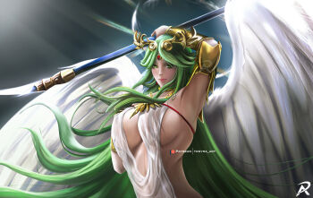 angel angel_wings armband armlet armor breasts center_opening cleavage crown dress feathered_wings forehead_jewel green_eyes green_hair holding holding_staff jewelry kid_icarus kid_icarus_uprising large_breasts lipstick long_hair looking_at_viewer makeup necklace nintendo palutena pink_lips see-through_clothes sideboob sidelocks staff tonyra very_long_hair white_dress wings