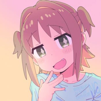 Rule 34 | 1girl, :d, \||/, artist name, blue shirt, brown hair, closed mouth, collarbone, colored inner hair, commentary, diamond-shaped pupils, diamond (shape), dot mouth, fang, gradient background, green eyes, hair intakes, head tilt, highres, light blush, looking at viewer, matado (almukha), multicolored hair, oka asahi, onii-chan wa oshimai!, open mouth, orange hair, shirt, short hair, simple background, smile, solo, symbol-shaped pupils, twitter username, two-tone hair, two side up, watermark