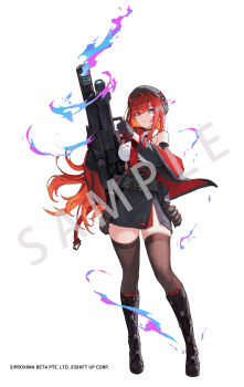 >:( 1girl absurdres belt belt_bag beret black_belt black_boots black_choker black_gloves black_hat black_jacket black_thighhighs boots breasts cho_gum choker commentary_request company_name copyright_notice detached_collar flaming_eye four-pointed_star full_body gloves goddess_of_victory:_nikke gun hat highres holding holding_gun holding_weapon jacket knee_boots large_breasts long_hair looking_at_viewer machine_gun necktie official_alternate_costume official_alternate_hairstyle official_art quilted_jacket rapi_(nikke) rapi_(red_hood)_(nikke) red_gloves red_hair red_jacket red_necktie sample_watermark shell_casing side_slit simple_background single_bare_shoulder single_off_shoulder skindentation solo thighhighs two-sided_fabric two-sided_gloves two-sided_jacket v-shaped_eyebrows watermark weapon white_background