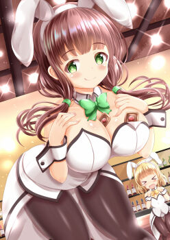 Rule 34 | > <, 2girls, animal ears, black pantyhose, blonde hair, blush, breast envy, breasts, brown hair, gochiusa bunnysuit, gochuumon wa usagi desu ka?, green eyes, highres, kirima syaro, large breasts, leotard, multiple girls, open mouth, pantyhose, playboy bunny, rabbit ears, ujimatsu chiya, white leotard, wrist cuffs, xenon (for achieve)