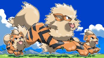 Rule 34 | animal focus, arcanine, black eyes, blacknirrow, blue sky, cloud, day, evolutionary line, fangs, gen 1 pokemon, grass, growlithe, highres, mountainous horizon, nintendo, no humans, open mouth, outdoors, outline, pokemon, pokemon (creature), pokemon focus, running, sky, smile, white outline
