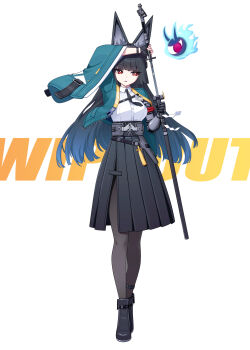 1girl animal_ear_fluff animal_ears arm_up black_boots black_gloves black_hair black_necktie black_pantyhose black_skirt blue_hair blue_jacket boots breasts collared_shirt commentary deadnooodles dress_shirt fingerless_gloves gloves gradient_hair highres holding holding_sword holding_weapon hoshimi_miyabi jacket long_hair long_sleeves looking_at_viewer medium_breasts multicolored_hair necktie open_clothes open_jacket pantyhose parted_lips pleated_skirt red_eyes sheath shirt single_fingerless_glove skirt solo standing sword symbol-only_commentary text_background unsheathing very_long_hair weapon white_shirt wide_sleeves zenless_zone_zero