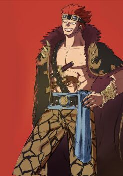 1boy abs ajiaji_op blue_sash clenched_teeth eustass_kid goggles goggles_on_head gun hand_on_own_hip highres male_focus one_piece pants red_background red_eyes red_hair red_lips sash simple_background smile solo teeth weapon