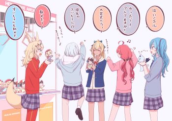 5girls absurdres ahoge animal_ear_fluff animal_ears arcade black_streaks blonde_hair blue_eyes blue_hair blue_jacket bow braid chamomile_(kazumasa) character_doll color-coded commentary_request crane_game dark-skinned_female dark_skin doll fox_ears fox_tail grey_hair grey_skirt hair_bow high_ponytail highres holding holding_doll hololive hood hood_down hooded_jacket hoshimachi_suisei jacket long_hair long_sidelocks long_sleeves miniskirt multicolored_hair multiple_girls official_alternate_costume omaru_polka oozora_subaru pants pants_under_skirt pink_hair pink_streaks pink_sweater plaid_clothes plaid_skirt pleated_skirt pointy_ears ponytail red_jacket red_pants sakura_miko school_uniform shigure_ui_(vtuber) shiranui_flare shiranui_kensetsu shirogane_noel shirt side_braid sidelocks simple_background skirt speech_bubble streaked_hair sweater sweatpants tail takoyaki_(hoshimachi_suisei) translation_request virtual_youtuber wavy_hair white_shirt white_streaks
