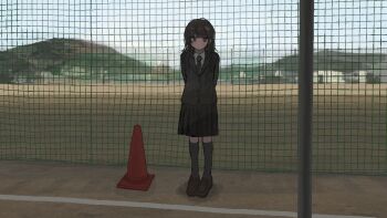 1girl 62_retas arms_behind_back black_jacket black_skirt black_socks blazer brown_eyes brown_hair brown_shoes closed_mouth commentary day expressionless fence full_body jacket kneehighs loafers long_hair long_sleeves looking_at_viewer original outdoors pleated_skirt shoes skirt socks solo standing traffic_cone