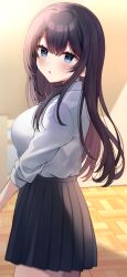 Rule 34 | 1girl, :o, black hair, black skirt, blue eyes, blush, breasts, commentary request, from side, hair between eyes, highres, indoors, long hair, long sleeves, looking at viewer, looking to the side, medium breasts, minami saki, original, parted lips, pleated skirt, school uniform, shirt, skirt, solo, standing, very long hair, white shirt, wooden floor
