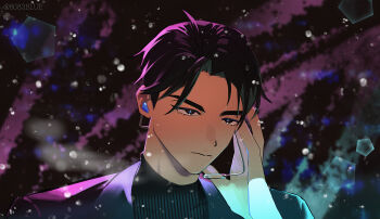 1boy 8083_blue alien_stage black_hair black_jacket black_shirt closed_mouth commentary eyelashes fang headset ivan_(alien_stage) jacket male_focus purple_background ribbed_shirt shirt short_hair solo upper_body