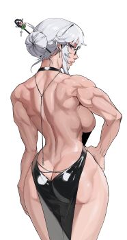 1girl absurdres back_muscles backless_dress backless_outfit bare_arms bare_back bare_shoulders black_dress blue_eyes breasts butt_crack chinese_hairpin dress earrings from_behind glasses hair_between_eyes hair_bun hair_ornament hand_on_own_hip highres jewelry large_breasts muscular muscular_female no_panties original radon86_nya shoulder_blades sideboob single_hair_bun solo thighs white_background white_hair wide_hips