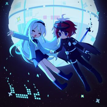 !!_(lingyou31355) 1boy 1girl ^_^ absurdres antenna_hair arm_up armband belt belt_pouch black_boots black_bow black_bowtie black_hair black_hairband black_jacket black_pants black_skirt blue_eyes boots bow bowtie buttons chinese_commentary closed_eyes closed_mouth collared_shirt commentary_request eyelashes from_behind full_body gakuran gloves grey_jacket hair_between_eyes hairband highres holding_hands hole_in_chest hole_on_body jacket kashimiya_karua knee_boots lapels last_defense_academy_school_uniform long_hair long_sleeves miniskirt mole mole_under_eye multicolored_hair notched_lapels open_clothes open_jacket open_mouth pants pleated_skirt pouch red_hair school_uniform shirt short_hair skirt smile space space_station star_(sky) streaked_hair sumino_takumi sword the_hundred_line_-last_defense_academy- thigh_strap two-tone_hair variant_set very_long_hair weapon white_armband white_belt white_gloves white_hair white_shirt