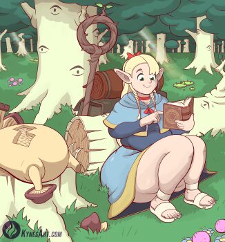 1girl ass blonde_hair book choker dress dungeon_meshi forest green_eyes highres kynesart marcille_donato nature pointy_ears reading sandals staff staff_(weapon)