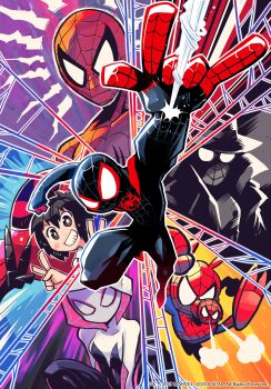 2girls absurdres black_hair bodysuit clenched_hand coat gwen_stacy hat highres hood looking_at_viewer m/ marvel mask mecha miles_morales multiple_girls peni_parker rariatto_(ganguri) robot silk snorting snout sp//dr spider-gwen spider-ham spider-man spider-man:_into_the_spider-verse spider-man_(miles_morales) spider-man_(series) spider-man_noir spider-verse spider_web spider_web_print superhero_costume v