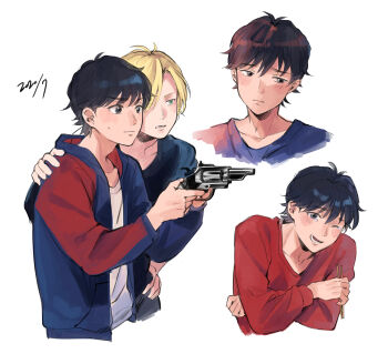 2boys ;d absurdres aiming amo_(amo_0514) antenna_hair ash_lynx averting_eyes banana_fish black_hair black_shirt blonde_hair blue_jacket blue_shirt blush chopsticks closed_mouth collarbone commentary concentrating cropped_legs cropped_torso crossed_arms dated english_commentary eyes_visible_through_hair finger_on_trigger furrowed_brow green_eyes grey_eyes grey_pants gun hair_over_one_eye hand_on_another&#039;s_shoulder hand_on_own_hip handgun hands_up head_tilt highres holding holding_chopsticks holding_gun holding_weapon hood hood_down hooded_jacket jacket laughing leaning_forward light_frown long_sleeves looking_ahead looking_at_viewer looking_down looking_to_the_side lower_teeth_only male_focus multicolored_jacket multiple_boys multiple_views okumura_eiji one_eye_closed open_mouth pants parted_bangs red_jacket red_shirt revolver shirt short_hair side-by-side simple_background small_sweatdrop smile tearing_up teeth two-tone_jacket weapon white_background white_shirt