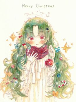 1girl bell blue_bow blush bow christmas_ornaments christmas_ornaments_in_hair christmas_star closed_mouth commentary_request curtained_hair dress frilled_dress frills green_hair hair_bell hair_bow hair_ornament hand_on_own_chest hands_up holding kurebe long_hair long_sleeves looking_at_viewer merry_christmas neck_ribbon original painting_(medium) parted_bangs partial_commentary plaid_clothes plaid_scarf red_bow red_eyes red_scarf ribbon scarf simple_background solo star_(symbol) straight-on traditional_media upper_body watercolor_(medium) white_background white_dress white_ribbon