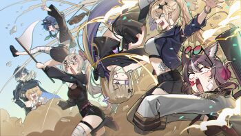&gt;_&lt; 6+girls absurdres amanogawa_shiina animal_ears artist_request ayase_yuu bandaged_knees bandaged_leg bandaged_stomach bandages bandaid bandaid_hair_ornament bear_ears bear_girl belt black_boots black_bow black_hair black_jacket black_shoes black_skirt blonde_hair blue_hair blush boots bow breasts chisaka_airi colored_inner_hair crying eimi_isami epaulettes eyepatch flag fujikura_uruka hair_bow hair_ornament hair_ribbon hamster_ears hamster_girl heart heart_in_mouth highres holding holding_flag jacket kaneko_lumi long_hair long_sleeves multicolored_hair multiple_girls open_clothes open_jacket open_mouth phase_connect pink_belt pink_hair pink_ribbon pleated_skirt purple_hair ribbon rinkou_ashelia scissors_hair_ornament second-party_source see-through_cleavage see-through_clothes shoes skirt sleeves_past_fingers sleeves_past_wrists star_(symbol) star_hair_ornament streaked_hair torn_clothes torn_skirt virtual_youtuber white_flag wolf_ears wolf_girl yellow_eyes