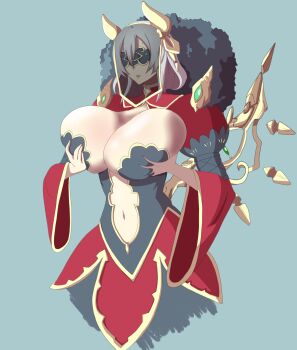 1girl aqua_background bad_id bad_pixiv_id breasts eye_mask grabbing_own_breast grey_hair grimms_notes highres huge_breasts mask medium_hair navel parted_lips puffycrow simple_background single_wing solo wings witch_yurisha_(grimms_notes)